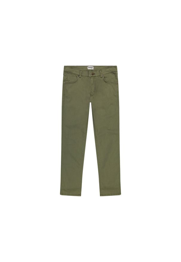 Wrangler - WRANGLER MĘSKIE SPODNIE MATERIAŁOWE LARSTON DUSTY OLIVE 112356816 W18S014024. Okazja: na co dzień. Stan: obniżony. Materiał: materiał. Styl: klasyczny, casual