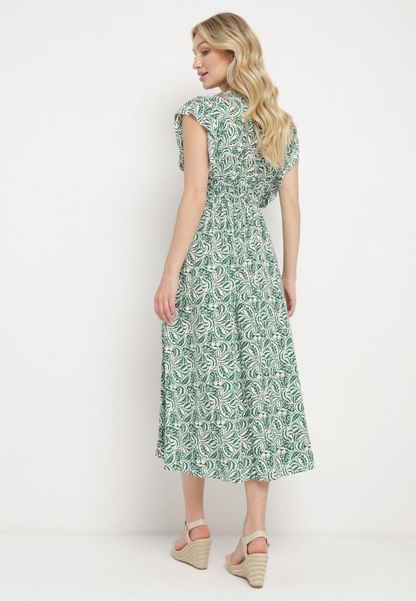 Born2be - Zielona Sukienka Bawełniana z Gumką w Talii i Mozaikowym Wzorem Indaria. Kolor: zielony. Materiał: bawełna