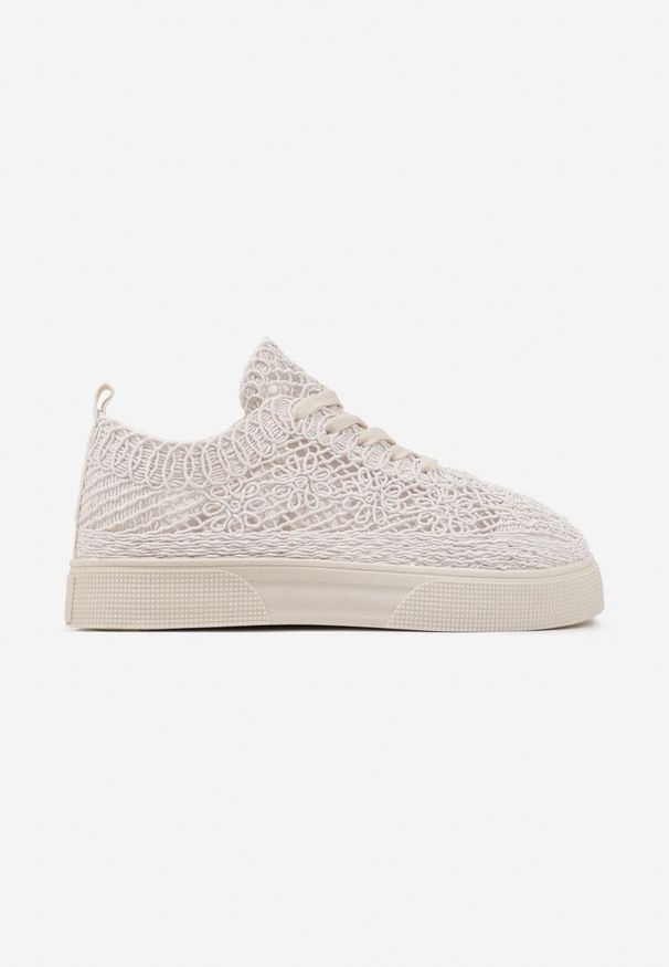 Born2be - Beżowe Koronkowe Sneakersy na Niskiej Platformie Nanalisea. Okazja: na co dzień. Kolor: beżowy. Materiał: koronka. Obcas: na platformie