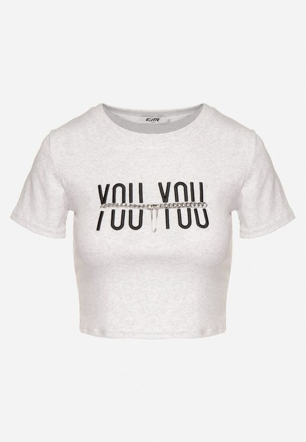 Born2be - Jasnoszary Bawełniany T-shirt z Napisem i Łańcuchem Olimelia. Kolor: szary. Materiał: bawełna. Wzór: napisy