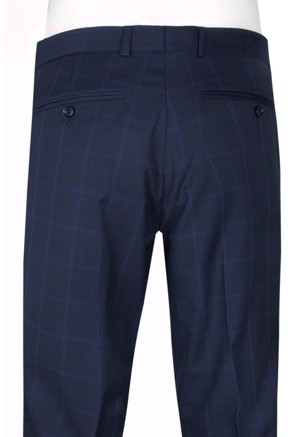 Garnitur Męski - Elegancki - Victorio - Granatowy, Wzór w Kratę. Kolor: niebieski. Materiał: poliester, wiskoza, elastan. Wzór: kratka