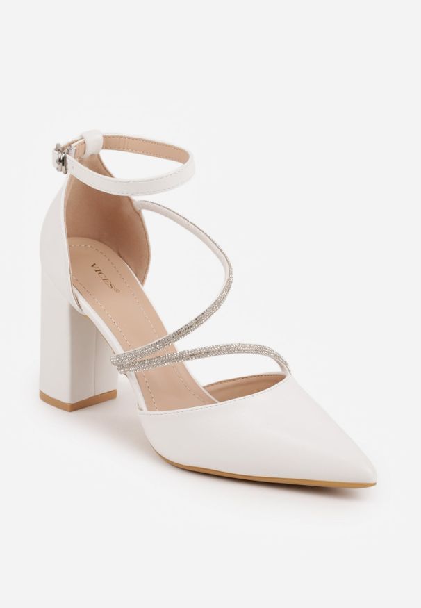 Renee - Białe Czółenka VICES na Słupku z Eleganckimi Paseczkami z Cyrkoniami Sirevianna. Zapięcie: pasek. Kolor: biały. Materiał: satyna. Obcas: na słupku. Styl: elegancki