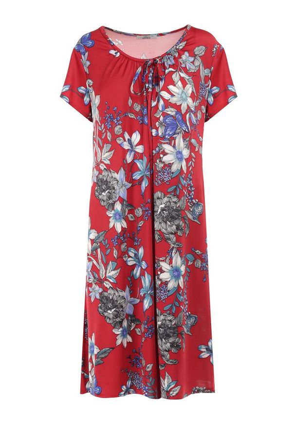 Born2be - Bordowa Sukienka Hypsusa. Kolekcja: plus size. Kolor: czerwony. Długość rękawa: krótki rękaw. Wzór: nadruk, kwiaty, aplikacja. Sezon: lato. Typ sukienki: dla puszystych. Długość: mini
