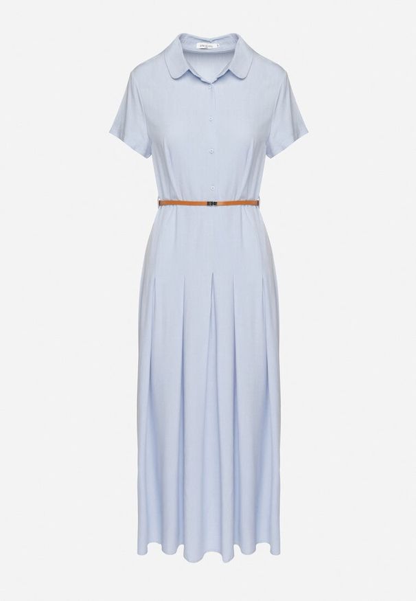 Born2be - Niebieska Wiskozowa Sukienka o Koszulowym Fasonie z Wąskim Paskiem Fillamea. Kolor: niebieski. Materiał: wiskoza. Wzór: aplikacja. Typ sukienki: koszulowe. Styl: elegancki