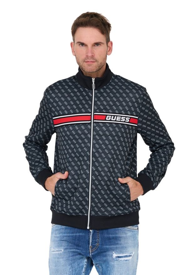 Guess - GUESS Czarna męska bluza logowana. Typ kołnierza: bez kaptura. Kolor: czarny