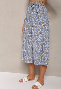 Renee - Niebieskie Spodnie z Szerokimi Nogawkami High Waist z Bawełną Paskiem i Gumką w Talii Drosofia. Okazja: na co dzień. Stan: podwyższony. Kolor: niebieski. Materiał: bawełna. Styl: elegancki, casual #5
