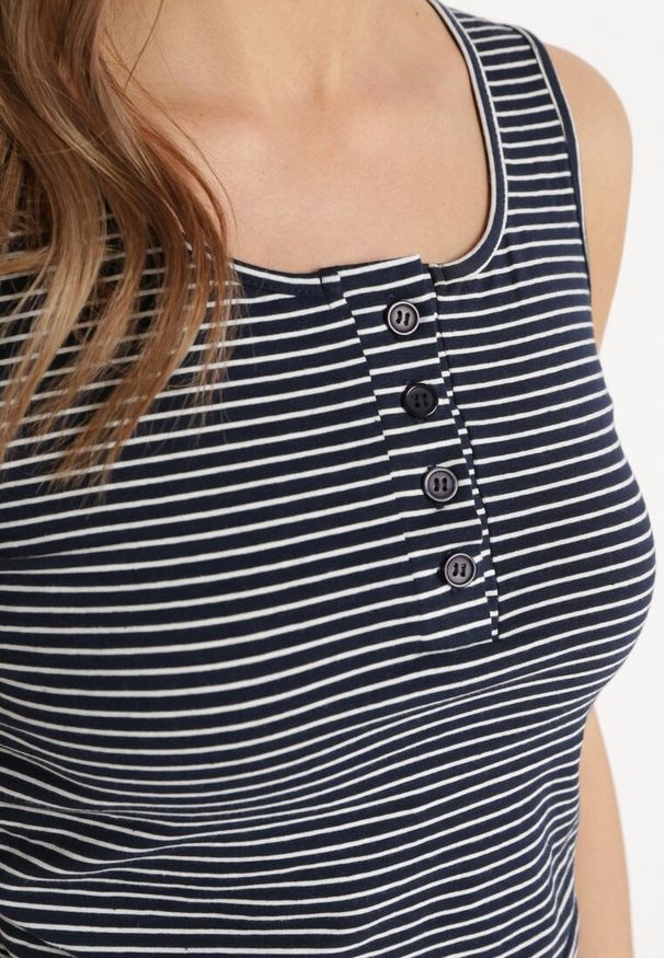 Born2be - Granatowy Bawełniany Top w Paski z Guzikami przy Dekolcie i Troczkiem po Bokach Lasaila. Kolor: niebieski. Materiał: bawełna. Wzór: paski. Sezon: lato