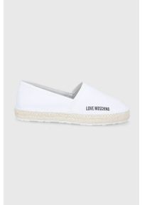 Love Moschino Espadryle skórzane kolor biały na platformie. Nosek buta: okrągły. Kolor: biały. Materiał: skóra. Wzór: gładki. Obcas: na platformie