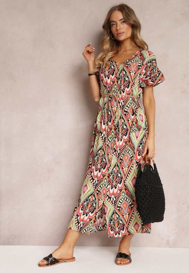 Renee - Czerwono-Zielona Sukienka Maxi z Krótkim Rękawem i Sznurkiem w Pasie Nosine. Kolor: czerwony. Długość rękawa: krótki rękaw. Długość: maxi