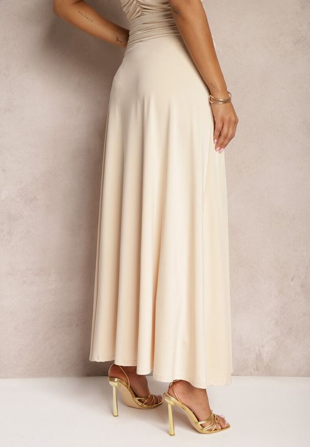 Renee - Beżowa Rozkloszowana Spódnica High Waist z Marszczeniem w Pasie Nolisea. Stan: podwyższony. Kolor: beżowy. Materiał: tkanina