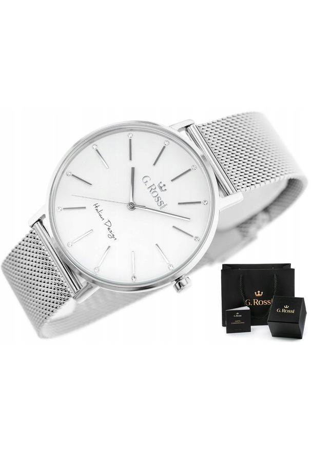 NoName - Zegarek ZEGAREK DAMSKI G. ROSSI RIVIA +BOX +GRAWER mesh modny srebrny. Kolor: srebrny. Materiał: mesh