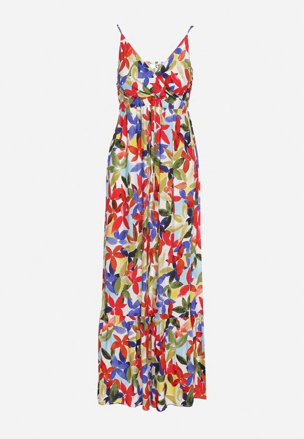 Born2be - Biało-Czerwona Wiskozowa Sukienka na Ramiączkach z Kopertowym Dekoltem i Gumką w Talii z Tiamalen. Okazja: na imprezę, na co dzień. Typ kołnierza: dekolt kopertowy. Kolor: biały. Materiał: wiskoza. Długość rękawa: na ramiączkach. Wzór: aplikacja. Typ sukienki: kopertowe. Styl: wizytowy, casual, klasyczny, elegancki