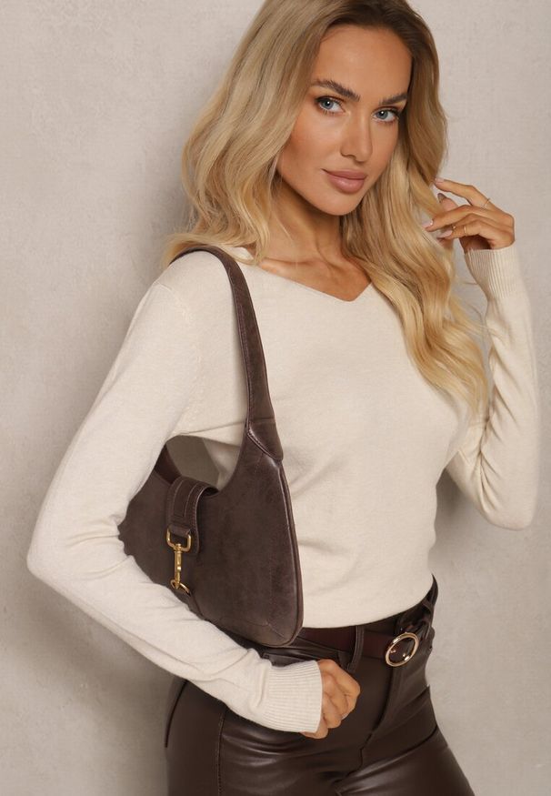 Renee - Jasnobeżowy Sweter z Bawełną i Trójkątnym Dekoltem Eulinevia. Okazja: na spotkanie biznesowe, na co dzień. Kolor: beżowy. Materiał: bawełna. Wzór: aplikacja. Styl: casual, biznesowy