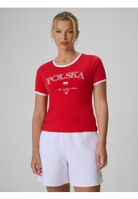 4f - 4F Koszulka kibica damska - czerwona XS. Okazja: na co dzień. Kolor: czerwony. Materiał: materiał, bawełna, elastan, dzianina. Wzór: nadruk, napisy. Styl: casual, sportowy #1