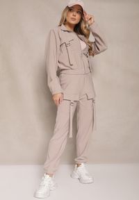 Renee - Beżowy Komplet Dresowy Utility Bluza Rozpinana i Spodnie z Kieszeniami Telinoria. Kolor: szary. Materiał: dresówka. Wzór: aplikacja #4