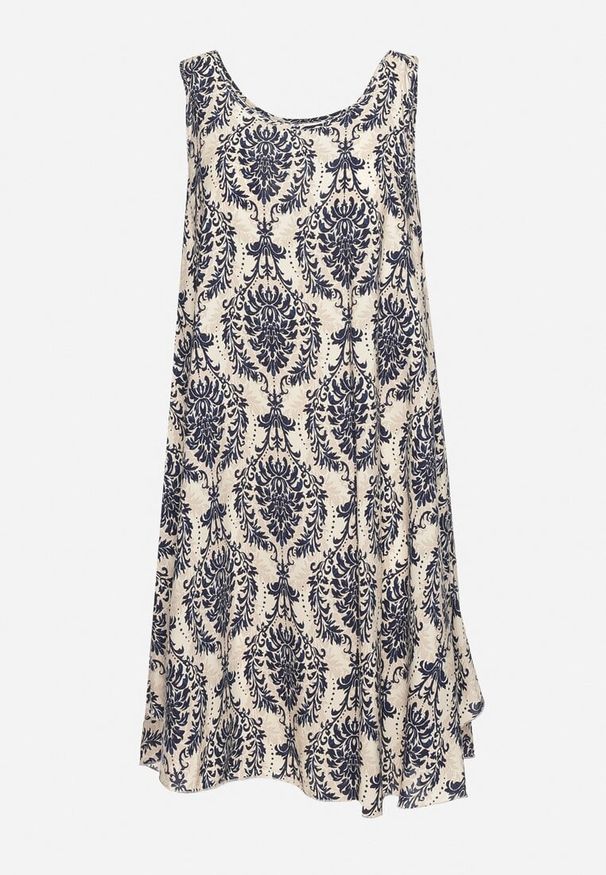 Born2be - Beżowo-Granatowa Rozkloszowana Sukienka z Bawełny bez Rękawów Horrilla. Kolor: beżowy. Materiał: bawełna. Długość rękawa: bez rękawów. Sezon: lato. Styl: boho