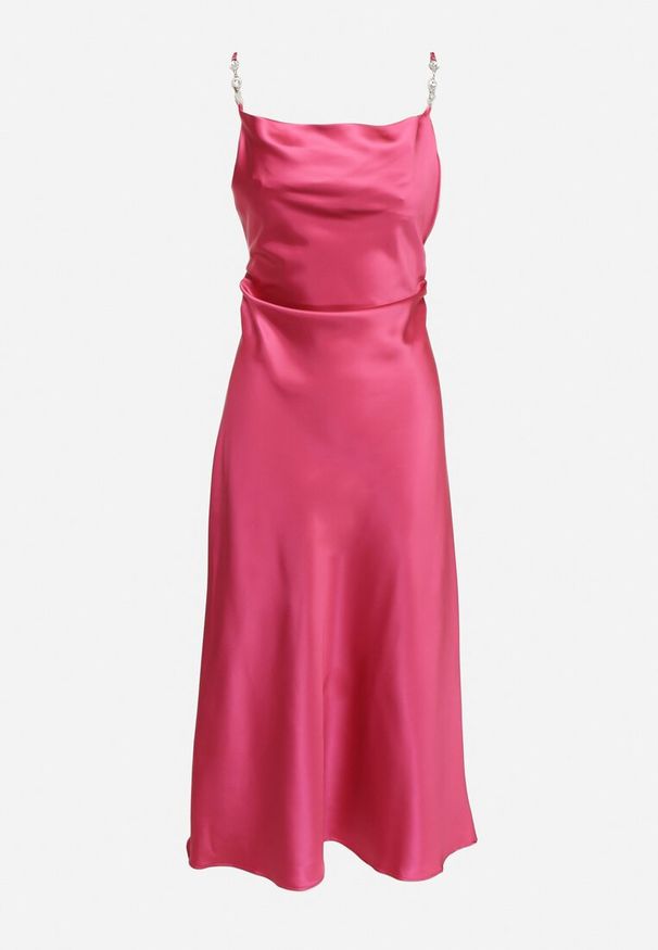 Born2be - Fuksjowa Koktajlowa Sukienka z Satyny z Lejącym Dekoltem i Cyrkoniami Lesalttia. Kolor: różowy. Materiał: satyna. Długość rękawa: na ramiączkach. Wzór: aplikacja. Sezon: lato. Styl: wizytowy