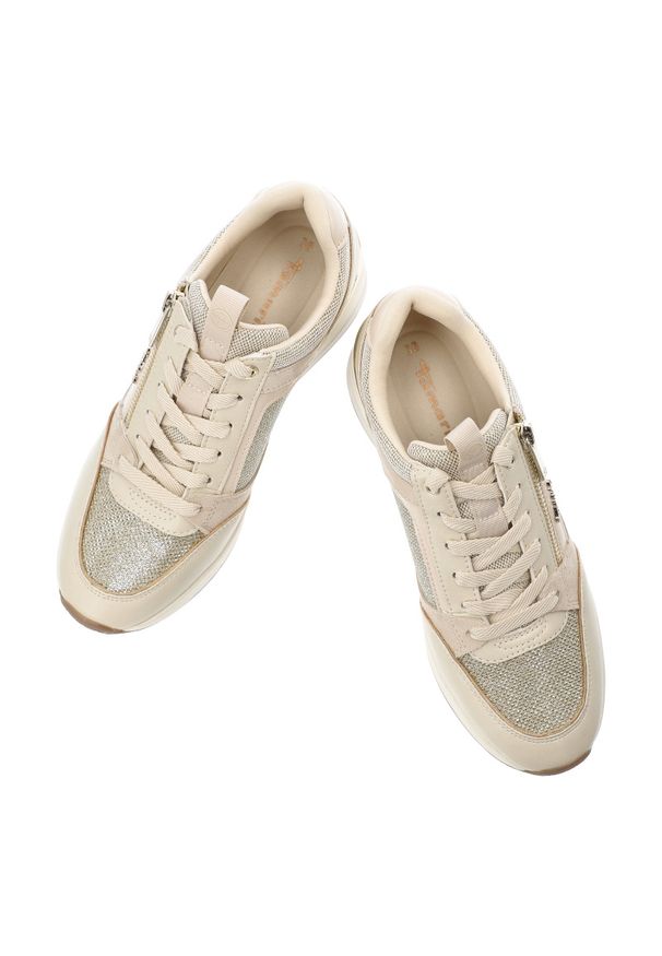 Beżowe Sneakersy Tamaris Eleganckie Obuwie Damskie Na Koturnie. Zapięcie: sznurówki. Kolor: beżowy. Materiał: materiał. Szerokość cholewki: normalna. Wzór: aplikacja. Obcas: na koturnie. Styl: elegancki