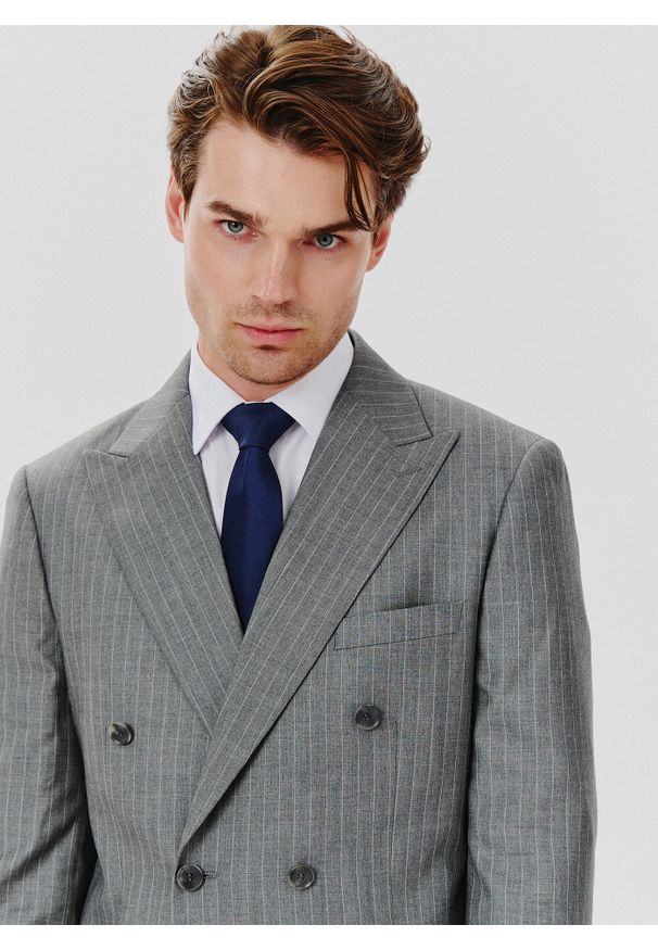 Pako Lorente - PAKO LORENTE – Szara marynarka garniturowa w prążek. Kolor: szary. Materiał: poliester, wiskoza. Wzór: prążki
