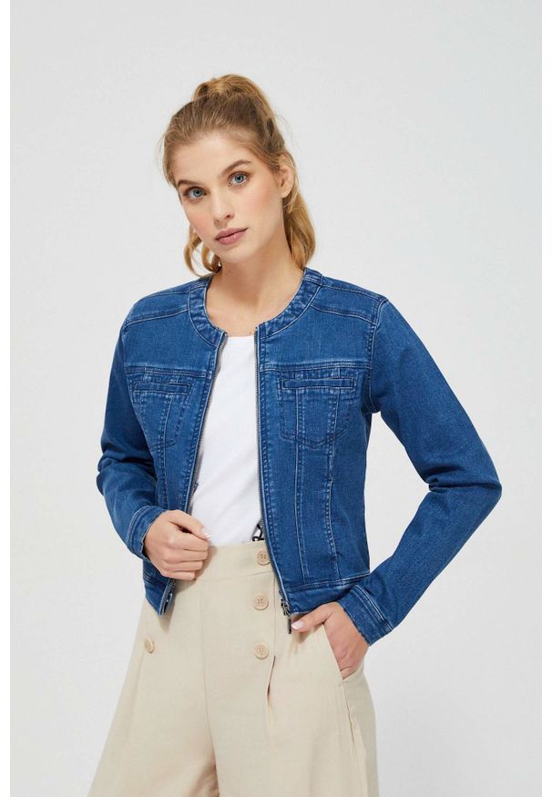 MOODO - Kurtka jeansowa. Typ kołnierza: bez kaptura. Materiał: jeans. Długość rękawa: długi rękaw. Długość: długie. Wzór: gładki