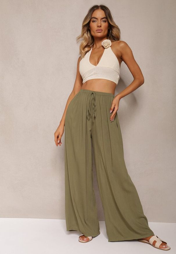 Renee - Ciemnozielone Szerokie Spodnie High Waist z Gumką w Talii Ilnena. Okazja: na co dzień. Stan: podwyższony. Kolor: zielony. Styl: klasyczny, elegancki, casual