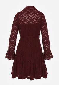 Born2be - Bordowa Koronkowa Sukienka z Wiązaniem Półgolfem i Falbankami Alnefera. Okazja: na co dzień. Typ kołnierza: kołnierz z falbankami. Kolor: czerwony. Materiał: koronka. Długość rękawa: na ramiączkach. Styl: klasyczny, casual #5