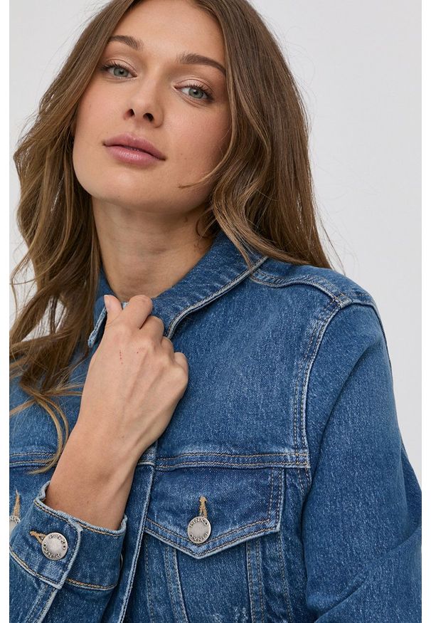 Pinko kurtka jeansowa damska kolor fioletowy przejściowa. Okazja: na co dzień. Kolor: fioletowy. Materiał: jeans. Styl: casual