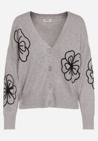 Born2be - Szary Kardigan na Guziki w Haftowane Kwiaty Tustara. Okazja: na co dzień. Kolor: szary. Materiał: jeans. Wzór: kwiaty, haft. Styl: casual #4