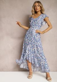 Renee - Niebieska Sukienka Boho z Gumką w Pasie i Asymetrycznym Dołem z Wiskozy Anorissa. Kolor: niebieski. Materiał: wiskoza. Typ sukienki: asymetryczne. Styl: boho