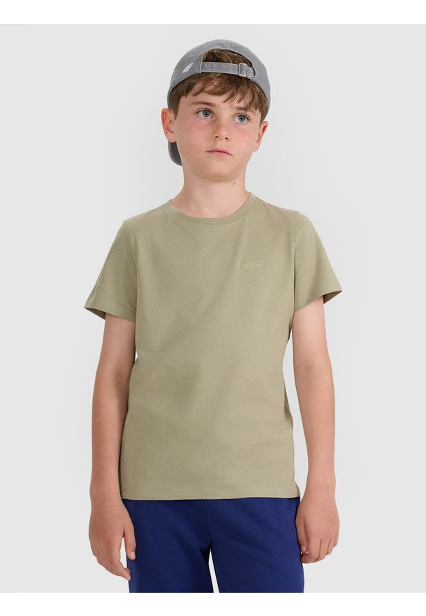 4f - 4F T-shirt oversize gładki chłopięcy - zielony 140 (9-10 lat). Okazja: na co dzień. Kolor: zielony. Materiał: dzianina, jersey, bawełna. Długość rękawa: krótki rękaw. Długość: krótkie. Wzór: gładki. Sezon: lato. Styl: casual, klasyczny, sportowy
