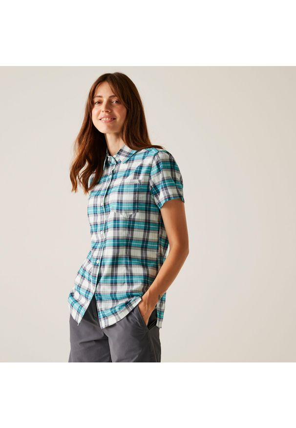 Regatta - Koszula turystyczna damska Begarno z krótkim rękawem. Okazja: na co dzień. Kolor: biały. Materiał: wiskoza, poliester, elastan. Długość rękawa: krótki rękaw. Długość: krótkie. Styl: casual