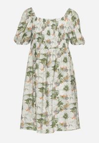 Born2be - Zielona Sukienka z Bufiastymi Rękawami i Wiązaniem przy Dekolcie z Gumką na Plecach Vikninna. Okazja: na randkę, na co dzień. Kolor: zielony. Materiał: jeans. Wzór: kwiaty, aplikacja. Sezon: lato. Styl: casual #6