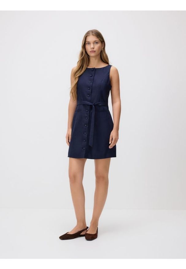 Reserved - Lniana sukienka mini - granatowy. Kolor: niebieski. Materiał: len. Typ sukienki: proste. Długość: mini