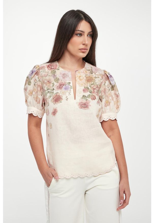 Twinset Milano - Bluzka damska lniana w kwiaty TWINSET. Materiał: len. Wzór: kwiaty