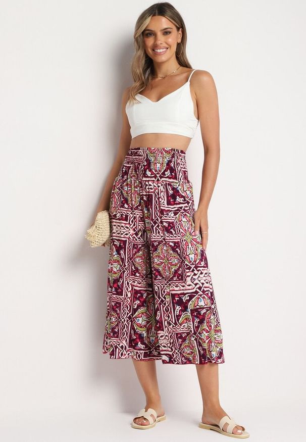 Born2be - Fioletowe Bawełniane Spodnie Culotte z Wysokim Stanem i Gumką w Talii w Boho Stylu Olovia. Stan: podwyższony. Kolor: fioletowy. Materiał: bawełna. Styl: boho