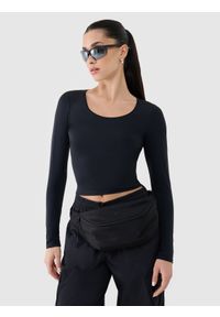 4f - Longsleeve slim gładki damski - czarny. Okazja: na co dzień. Kolor: czarny. Materiał: jersey, syntetyk, materiał, elastan, dzianina. Długość rękawa: długi rękaw. Długość: długie. Wzór: gładki. Styl: sportowy, casual, klasyczny