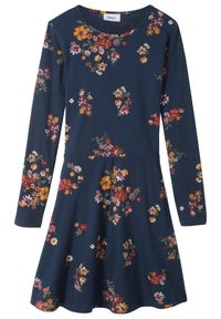 bonprix - Sukienka dziewczęca z dżerseju z czystej bawełny. Kolor: niebieski. Materiał: jersey, bawełna. Długość rękawa: długi rękaw. Wzór: aplikacja, kwiaty #1