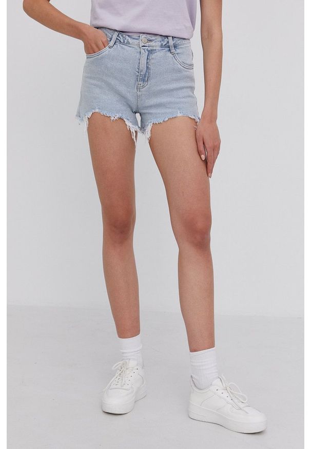 Answear Lab Szorty jeansowe damskie gładkie high waist. Okazja: na co dzień. Stan: podwyższony. Kolor: niebieski. Materiał: jeans. Wzór: gładki. Styl: wakacyjny