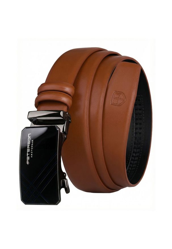 Pasek męski w jasnobrązowym kolorze wykonany ze skóry naturalnej z automatyczną, czarną klamrą Peterson PTN A014-AB TAN. Kolor: brązowy, wielokolorowy, czarny. Materiał: skóra. Styl: elegancki