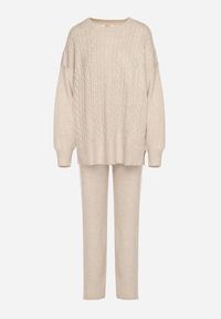 Born2be - Jasnobeżowy Komplet Dzianinowy z Bawełną i Wełną Spodnie i Warkoczowy Sweter Errela. Kolor: beżowy. Materiał: dzianina, bawełna, wełna #7