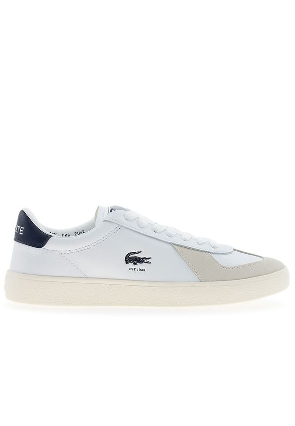 Buty męskie Lacoste Baseshot Pro 225 7 SMA 750SMA0040-042 - białe. Okazja: na co dzień. Zapięcie: sznurówki. Kolor: biały. Materiał: skóra, guma. Szerokość cholewki: normalna. Wzór: aplikacja