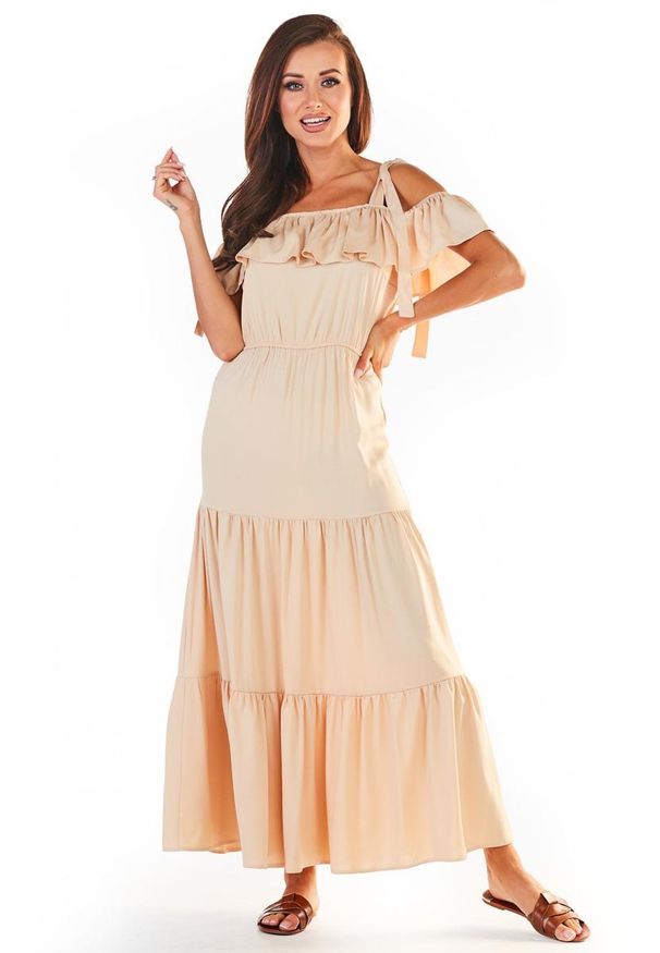 Awama - Długa Sukienka w Hiszpańskim Stylu - Beżowa. Kolor: beżowy. Materiał: elastan, wiskoza. Długość: maxi