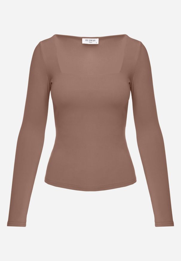 Renee - Brązowa Bluzka z Elastycznego Materiału o Kwadratowym Dekolcie z Wiskozą Nemosa. Typ kołnierza: dekolt kwadratowy. Kolor: brązowy. Materiał: wiskoza, materiał. Długość rękawa: długi rękaw. Długość: długie