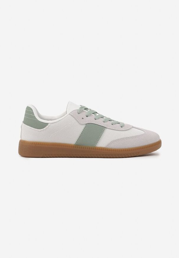 Born2be - Biało-Zielone Sneakersy Retro w Stylu Klasycznych Tenisówek Tanonea. Okazja: na co dzień. Zapięcie: sznurówki. Kolor: biały. Materiał: jeans