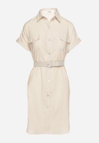 Born2be - Beżowa Sukienka Koszulowa z Bawełną z Ozdobnym Paskiem i Kieszeniami Efrissa. Okazja: na spotkanie biznesowe. Kolor: beżowy. Materiał: bawełna. Długość rękawa: długi rękaw. Typ sukienki: koszulowe. Styl: biznesowy, elegancki, klasyczny #2