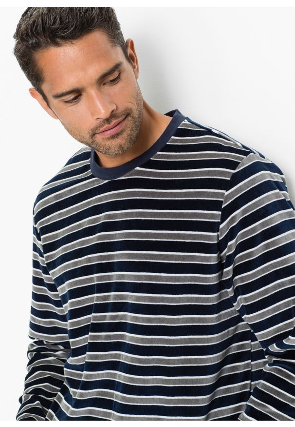 bonprix - Piżama z długim rękawem z miękkiego weluru nicki. Kolor: niebieski. Materiał: welur. Długość: długie. Wzór: paski