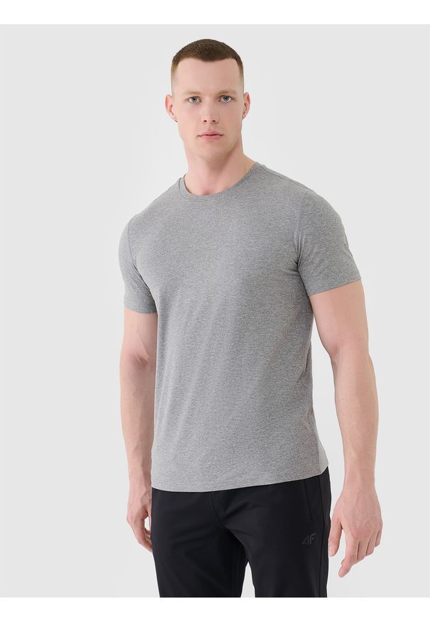 4f - 4F Koszulka treningowa szybkoschnąca męska - szara M. Kolor: szary. Materiał: dzianina, elastan, włókno, syntetyk, materiał. Wzór: gładki, jednolity, ze splotem. Sport: fitness