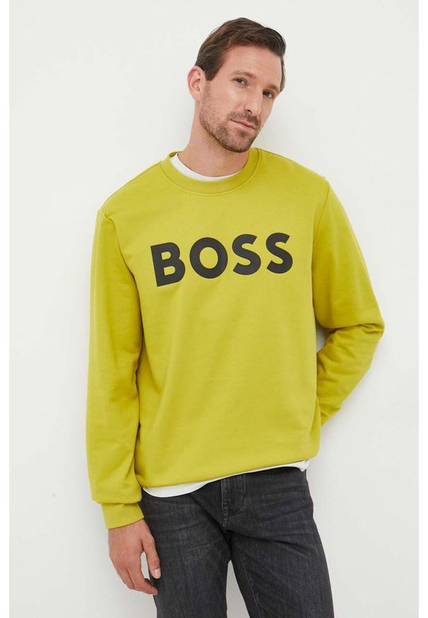 BOSS bluza bawełniana męska kolor zielony z nadrukiem. Kolor: zielony. Materiał: bawełna. Wzór: nadruk. Styl: klasyczny