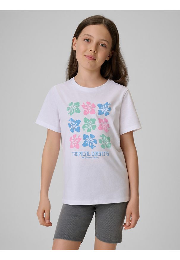 4f - 4F T-shirt regular z nadrukiem dziewczęcy - biały 152 (11-12 lat). Okazja: na uczelnię, na co dzień. Kolor: biały. Materiał: materiał, bawełna, dresówka, dzianina, skóra. Wzór: nadruk. Sezon: lato. Styl: klasyczny, casual