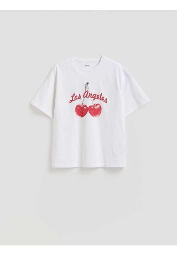 Reserved - T-shirt z nadrukiem - biały. Kolor: biały. Materiał: bawełna. Wzór: nadruk